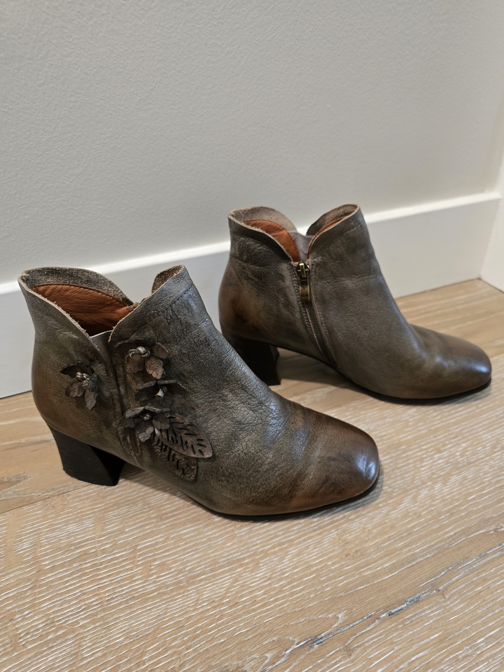 Olive Green & Brown Leather Floral Appliqué Ankle Booties